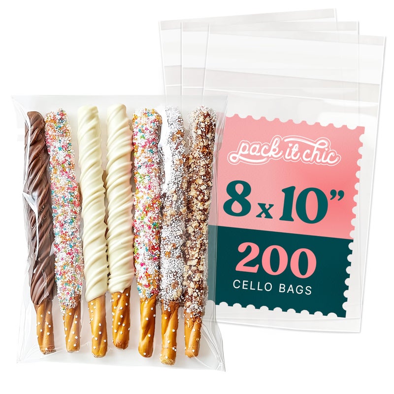 Pack It Chic 8" X 10" Self Sealing Cellophane Bags (200 Pack) - Clear Cookie and Pretzel Rod Bags With Seal for Baked Goods Packaging, Cookie Wrappers, Bakery Packaging, Bake Sale, Candy, Treats, Goodies, Gifts - Image 1